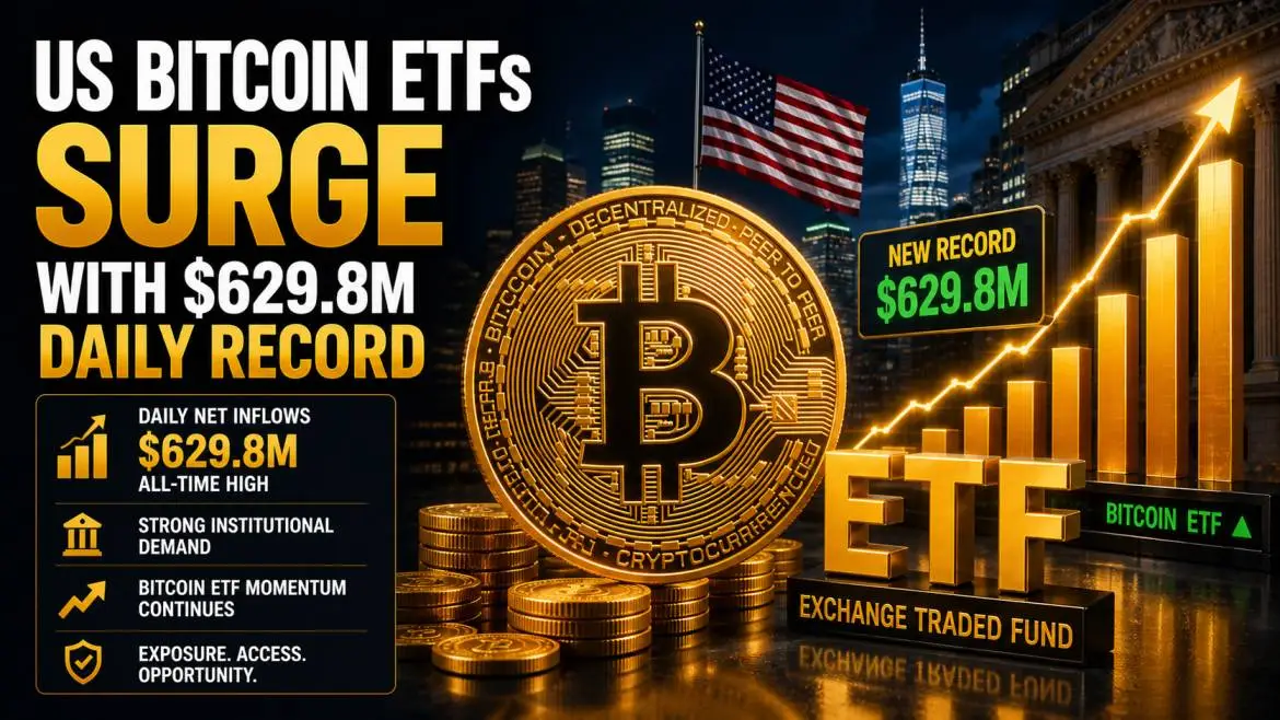 US Bitcoin ETFs Surge with $629.8M Daily Record